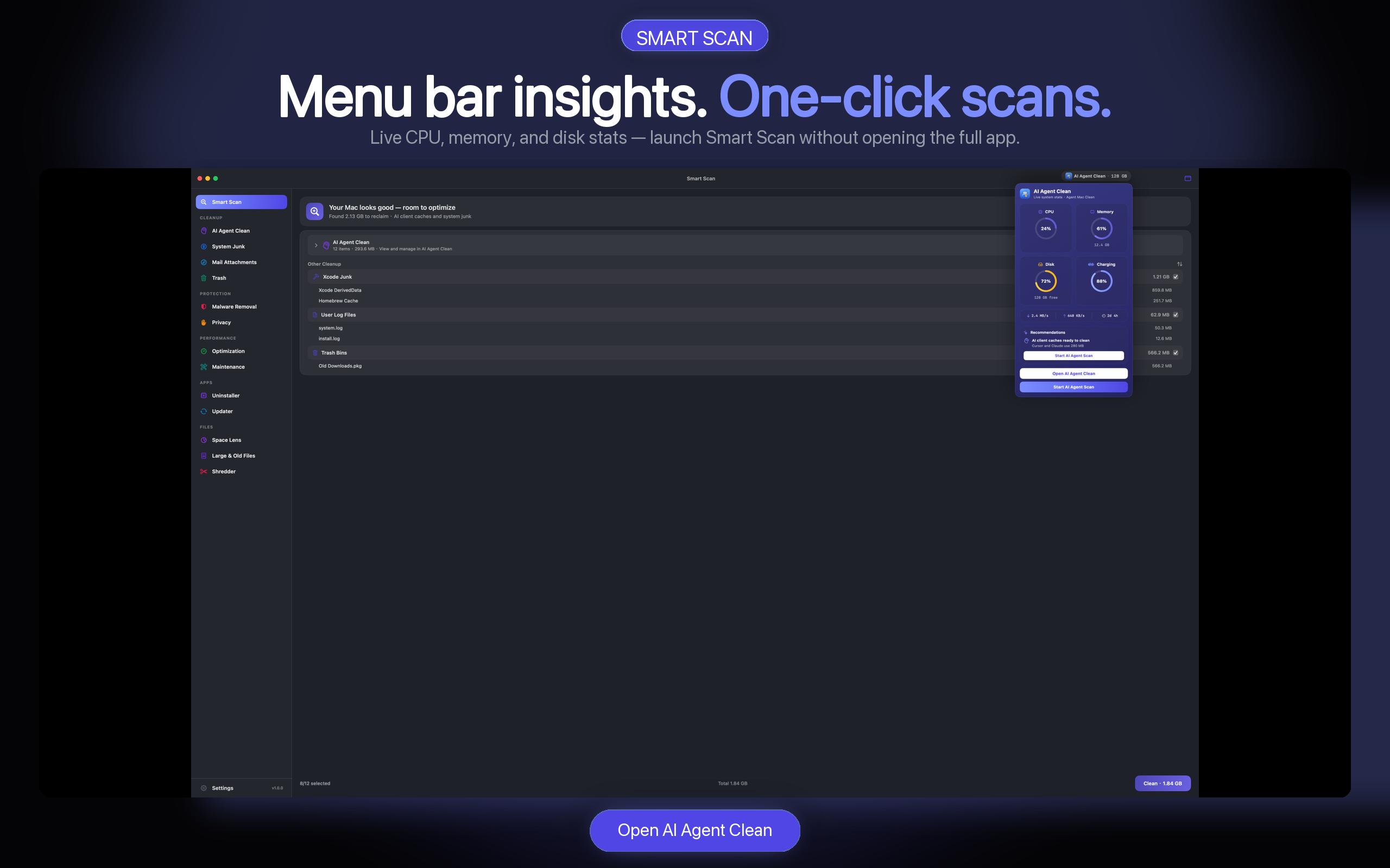 AI Agent Clean menu bar monitor and app interface