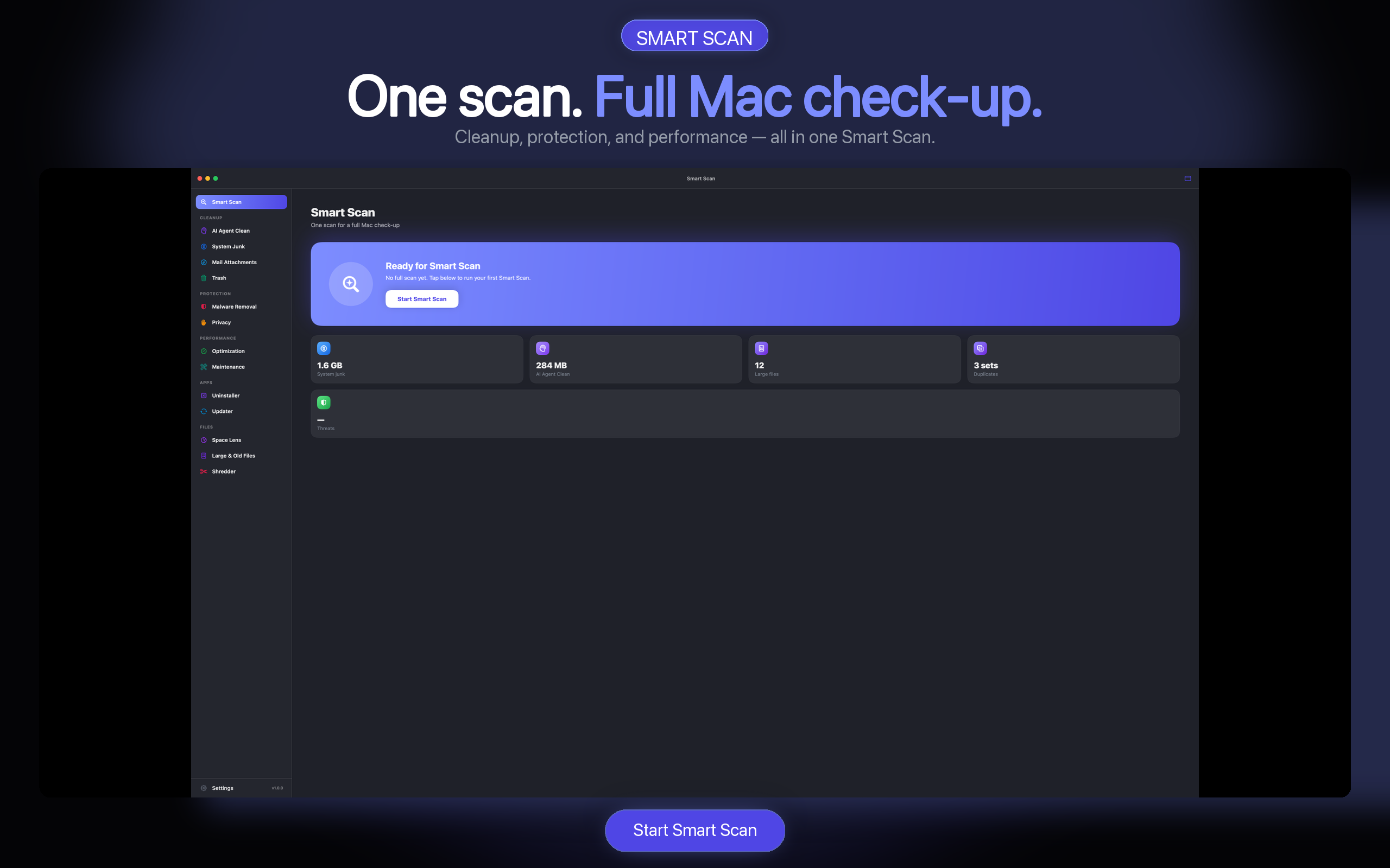 AI Agent Clean Smart Scan showing cleanup, protection, and performance modules