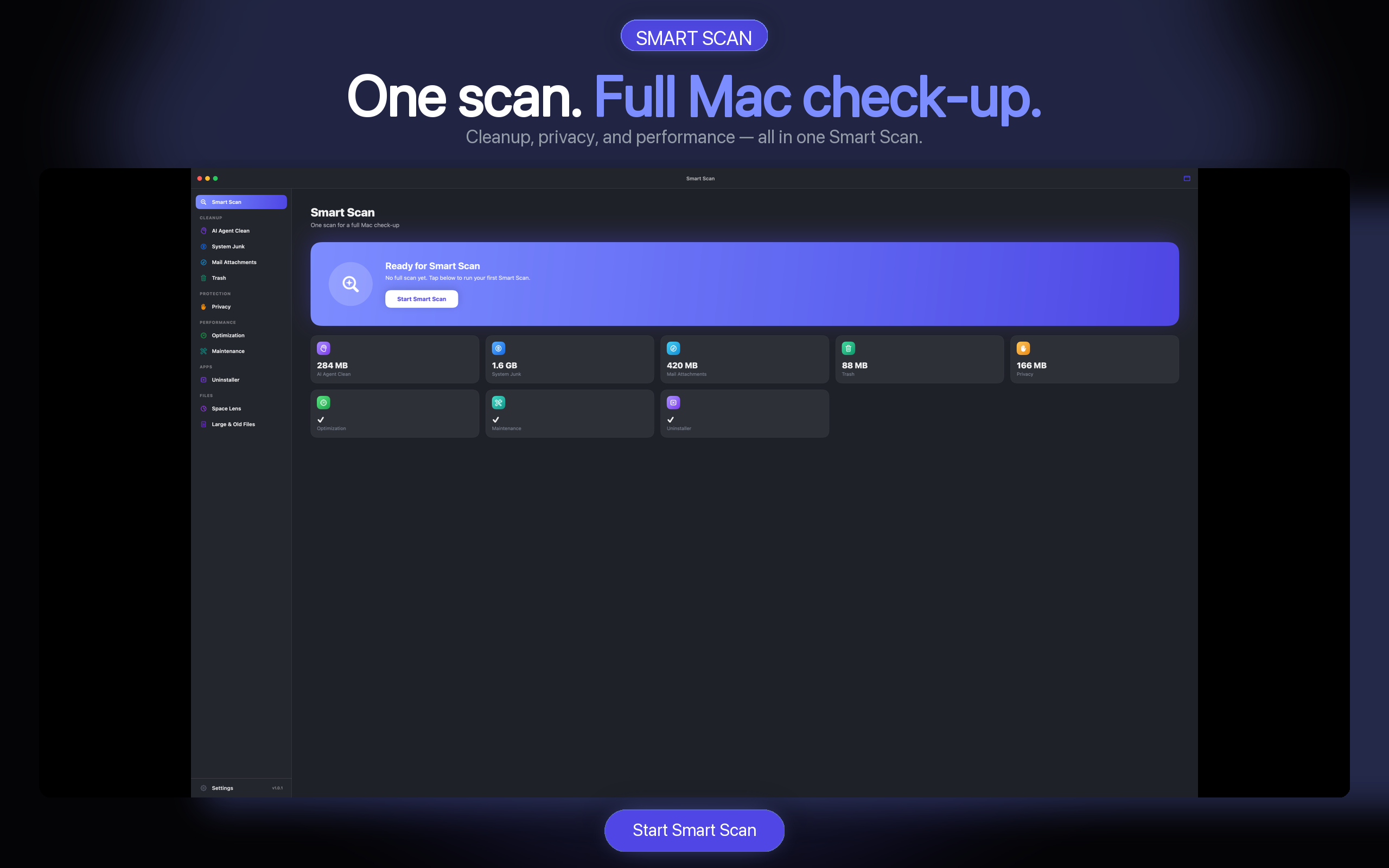 AI Agent Clean Smart Scan ready to check cleanup, protection, and performance
