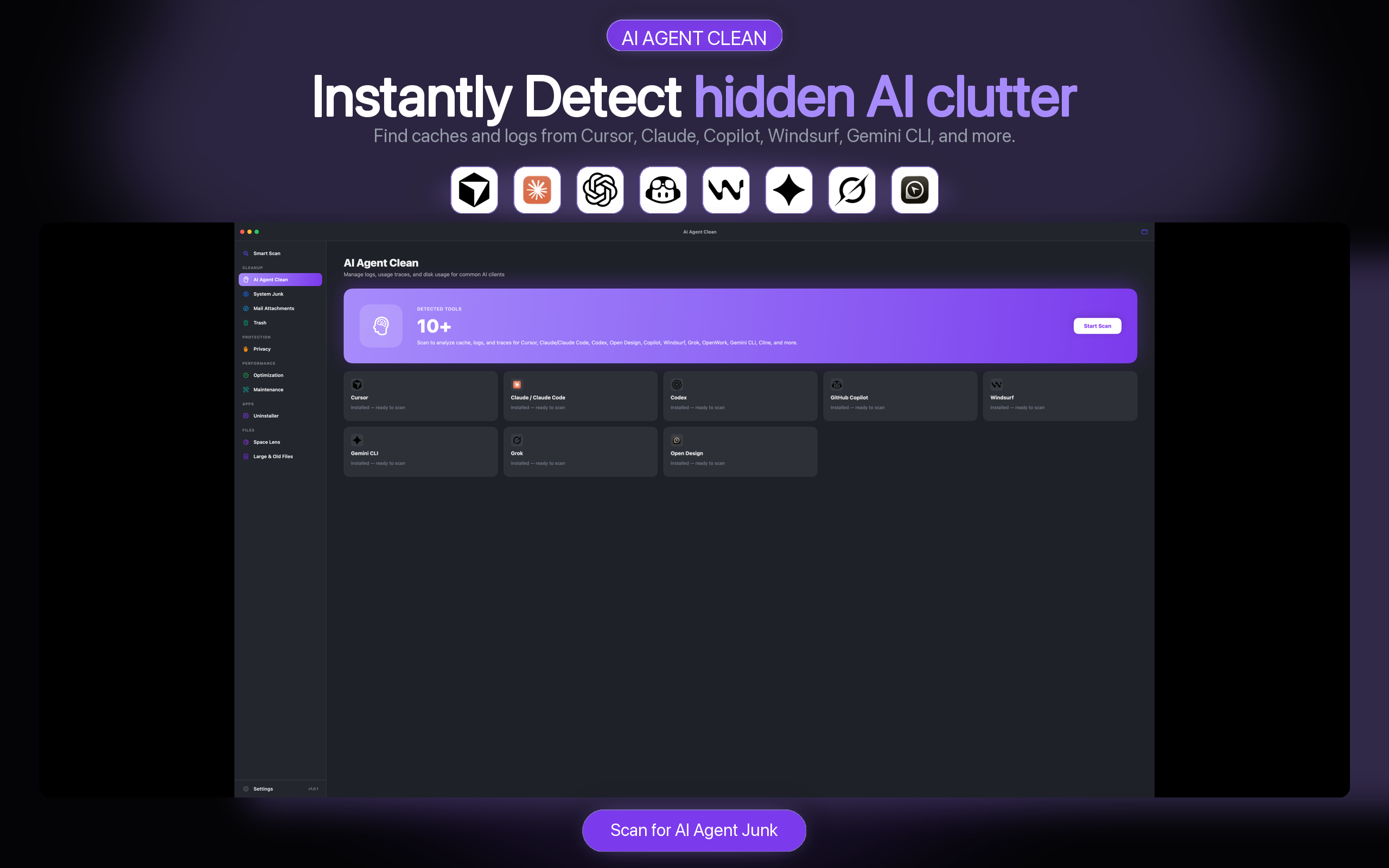 AI Agent Clean detecting Cursor, Claude, Copilot, Windsurf and other AI tool caches on Mac