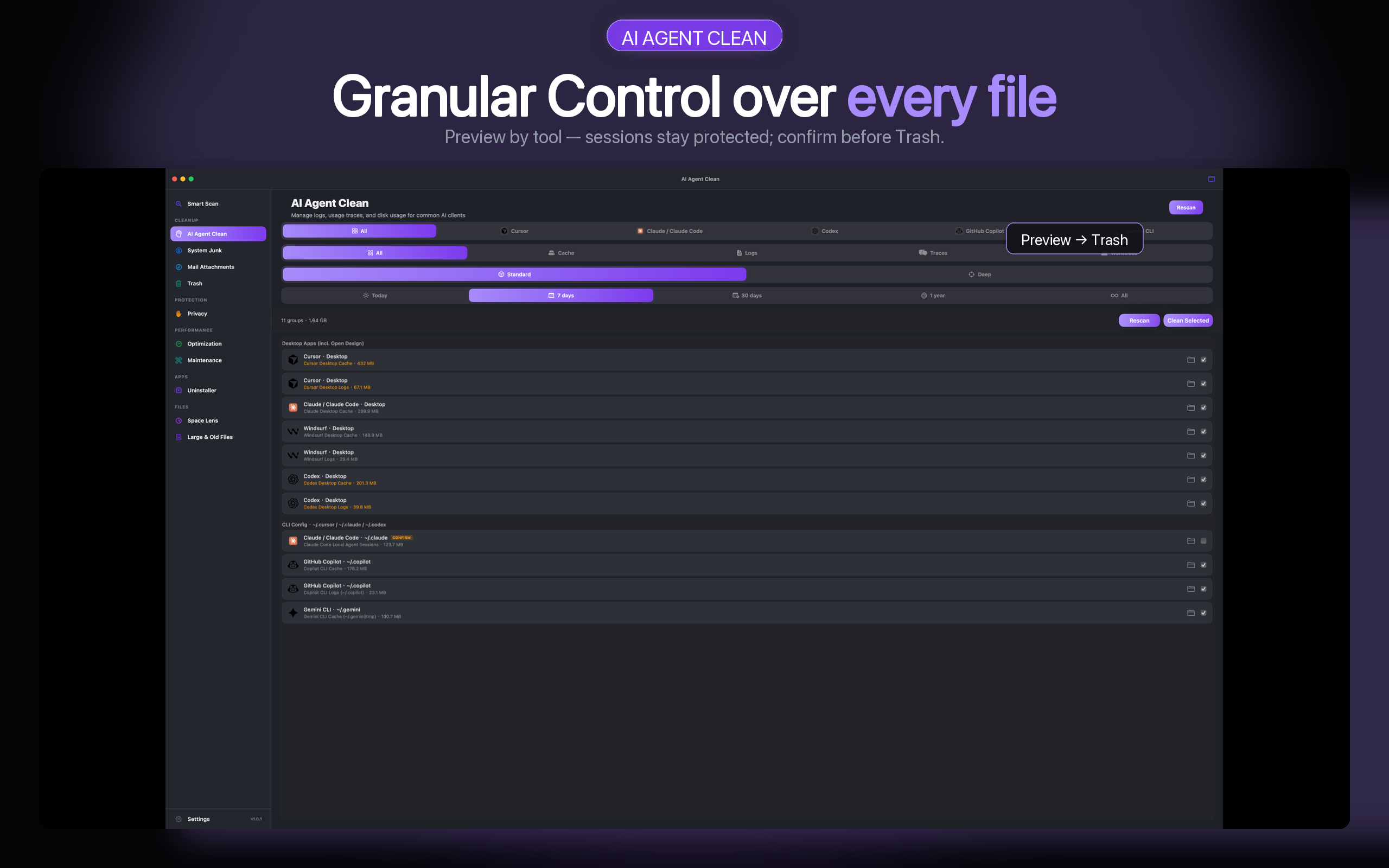 AI Agent Clean results showing selectable AI tool cache groups by app