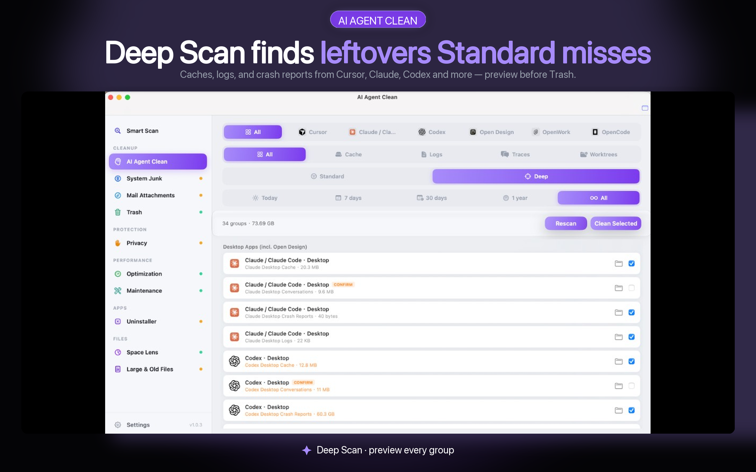 AI Agent Clean results showing selectable AI tool cache groups by app