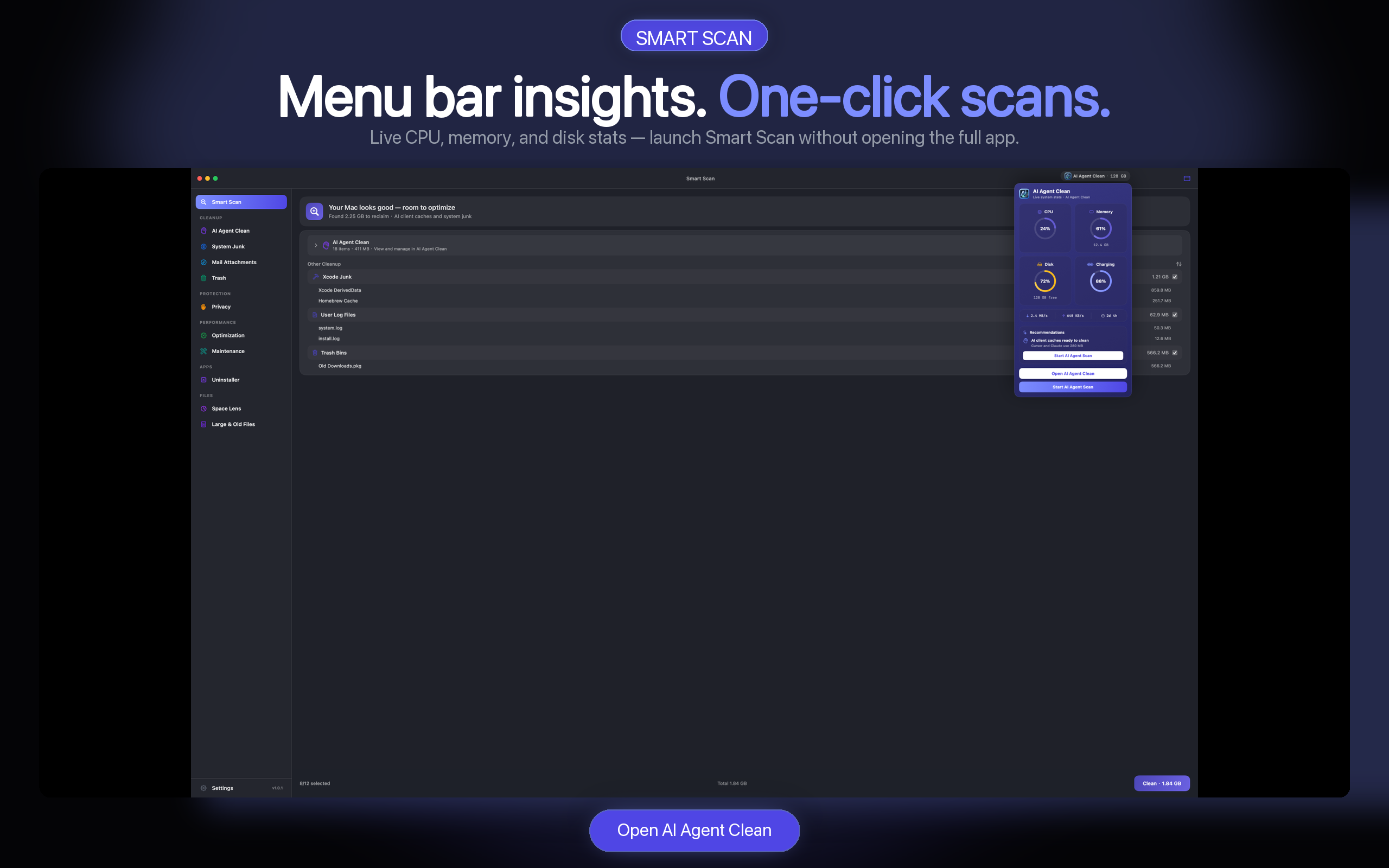 AI Agent Clean menu bar showing live CPU, memory, disk, and one-click scan controls