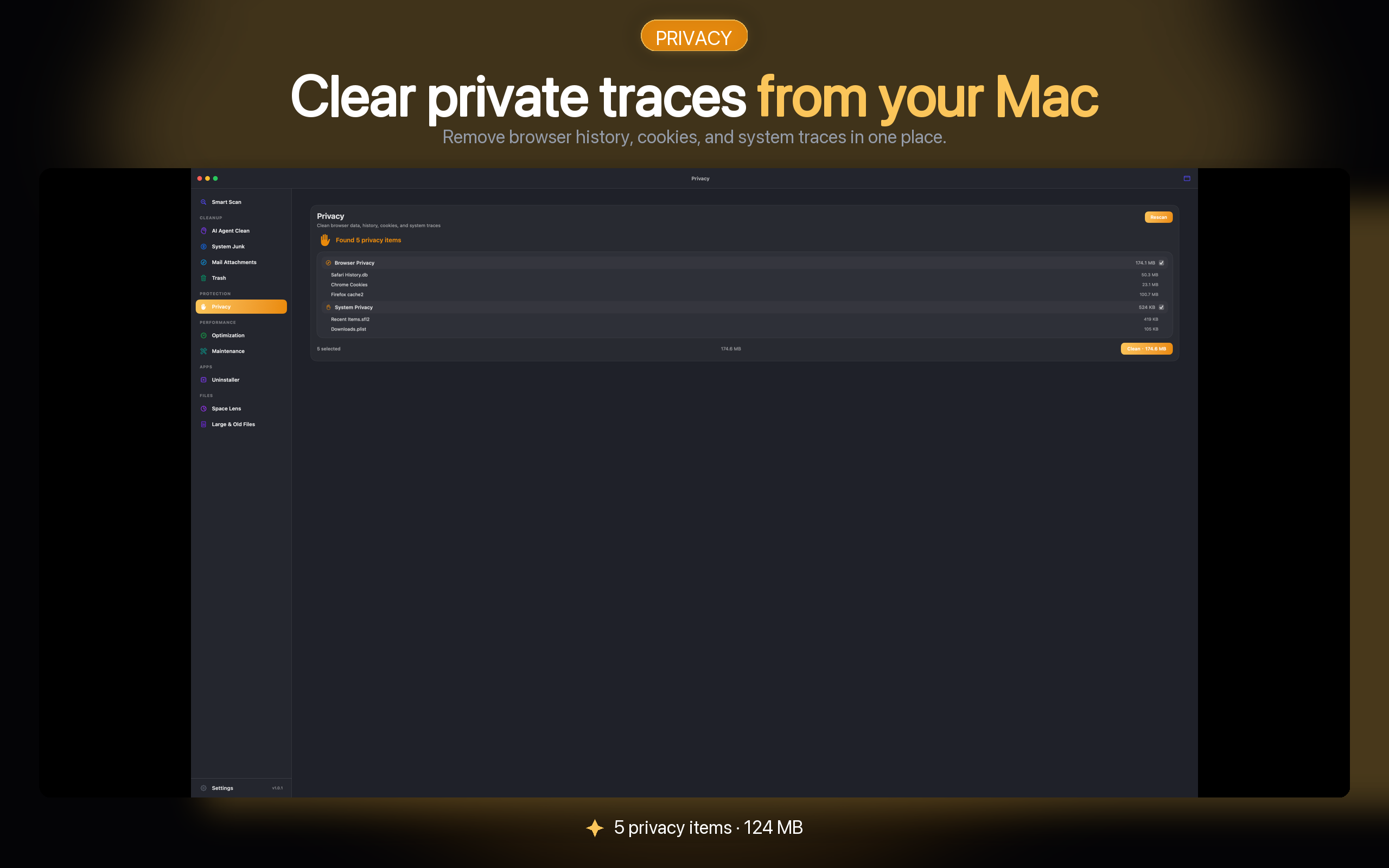 AI Agent Clean protection results showing malware and privacy items before cleanup