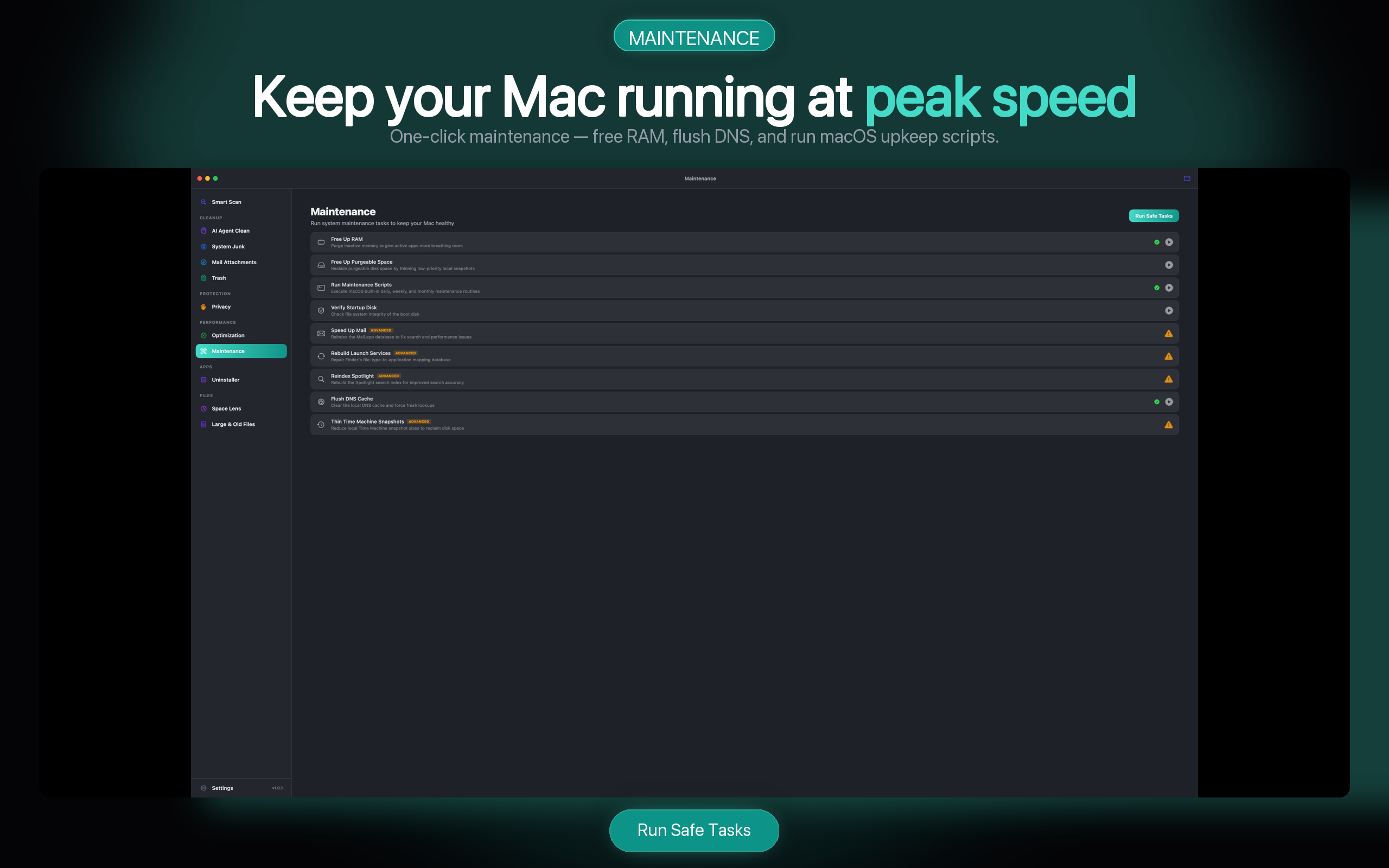 AI Agent Clean maintenance screen listing safe performance tasks for macOS
