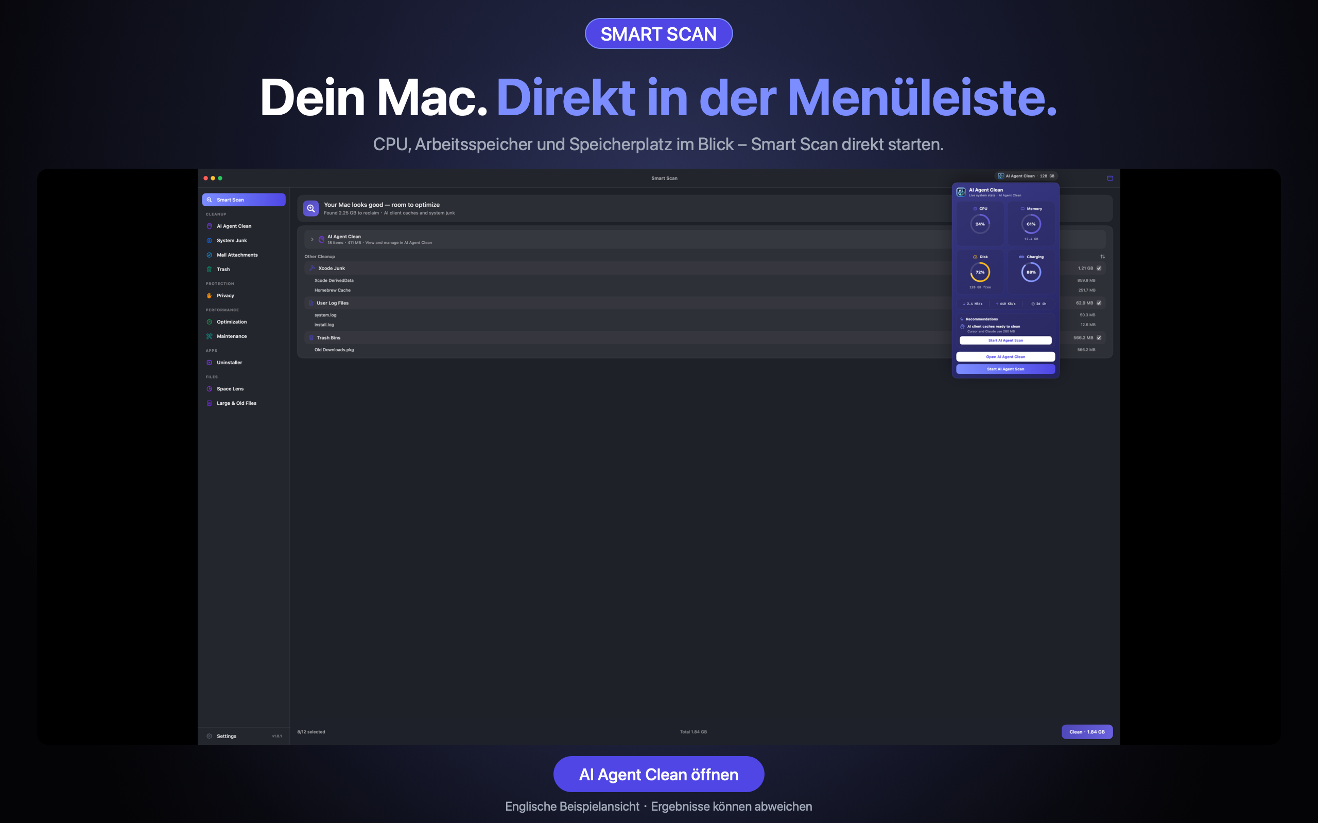 AI Agent Clean — Menüleisten-Übersicht